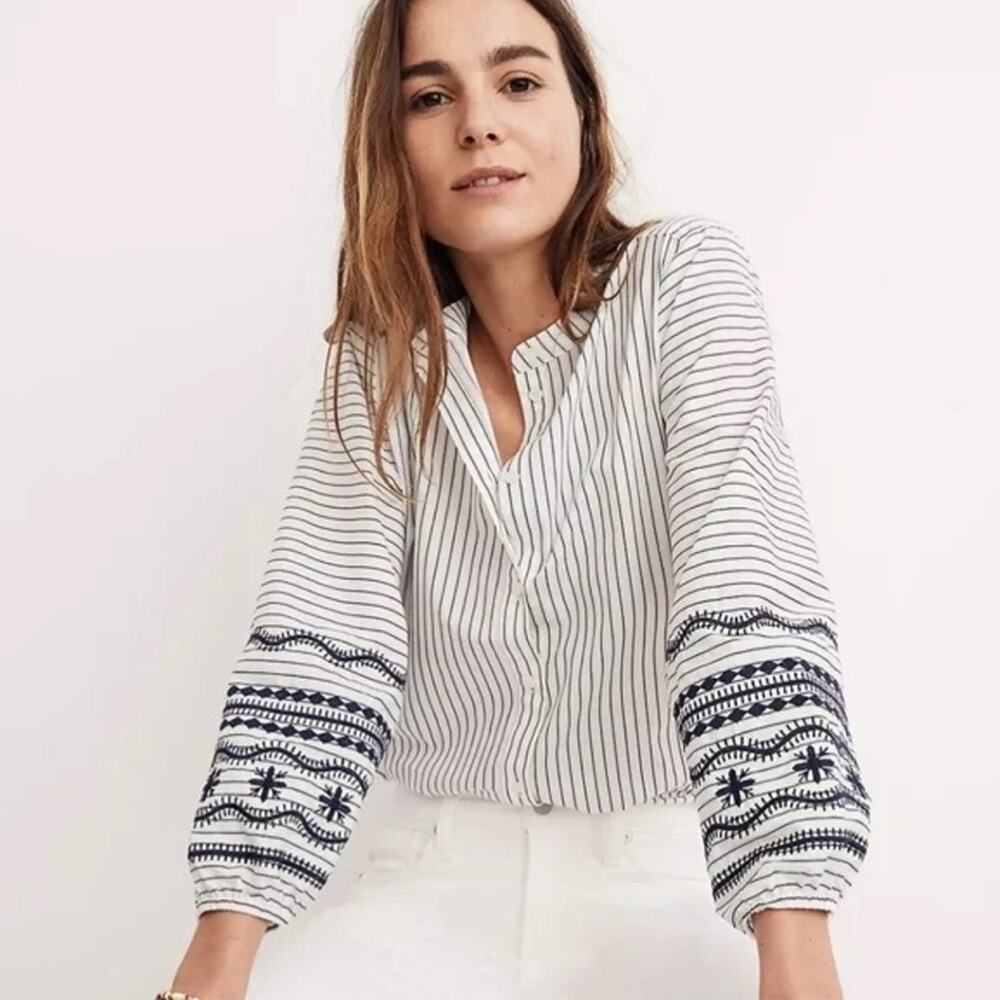 Madewell Navy Striped Embroidered Long Sleeve Top